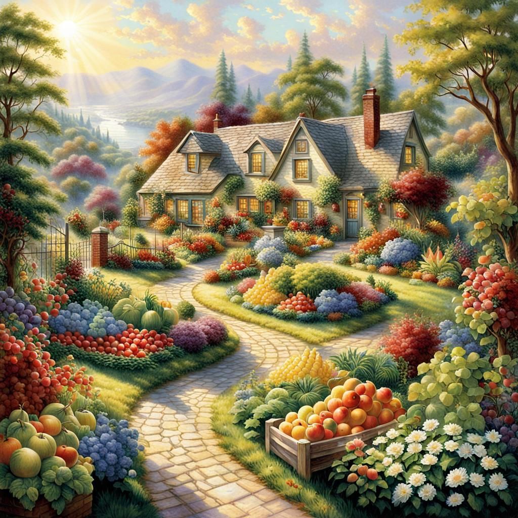 Idyllic Garden Scene with Fruits and Vegetables