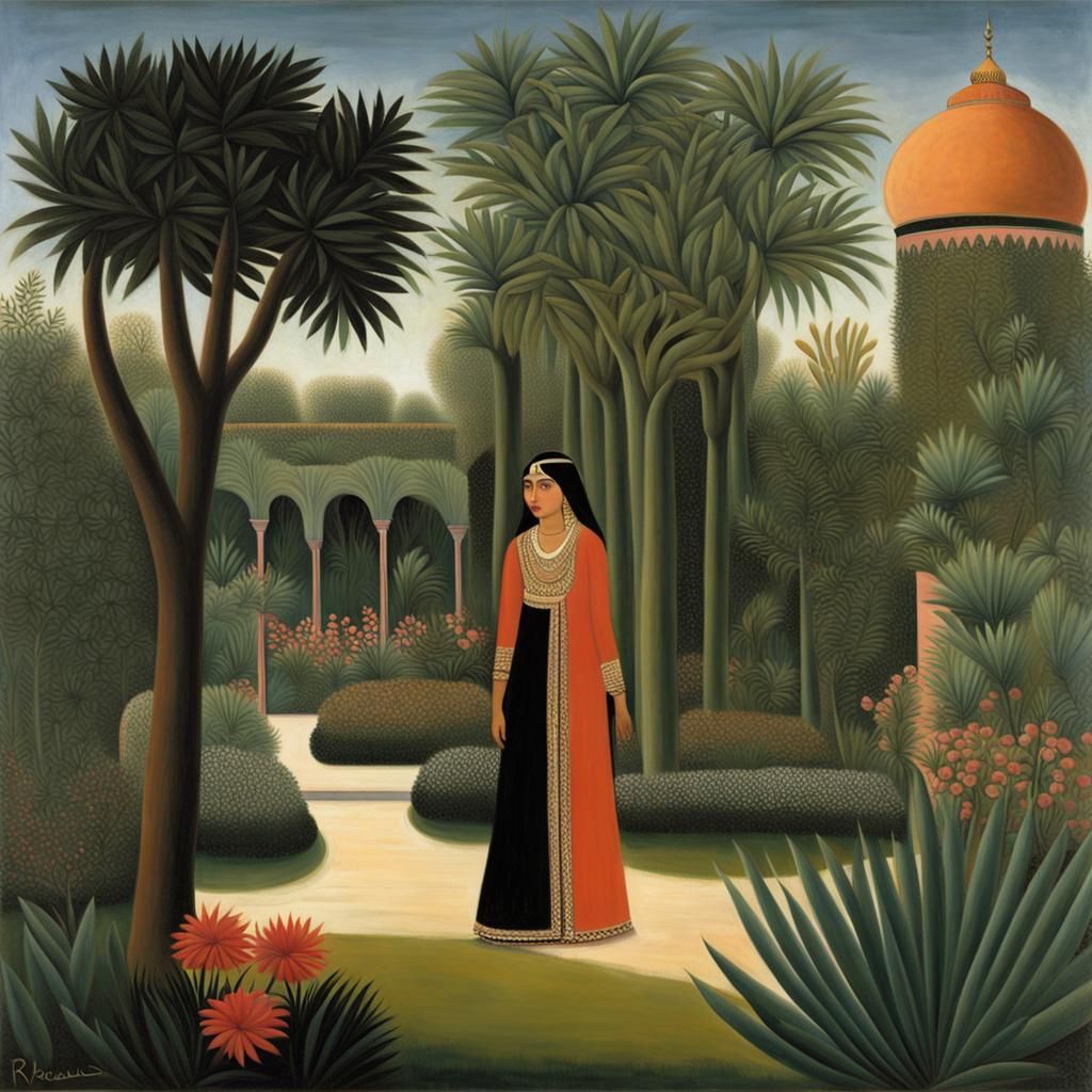 Indian Princess in Arabian Garden, Naive Art