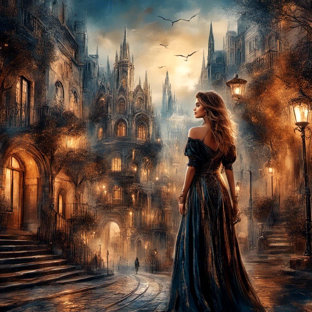 Nomadic Witch in Medieval Cityscape