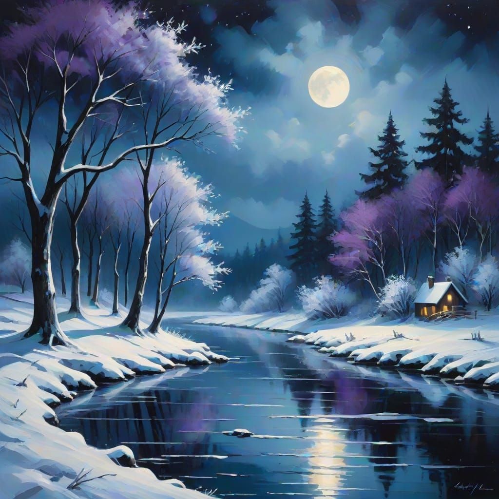 Winter Moonlit Landscape in Textured Oil Paint