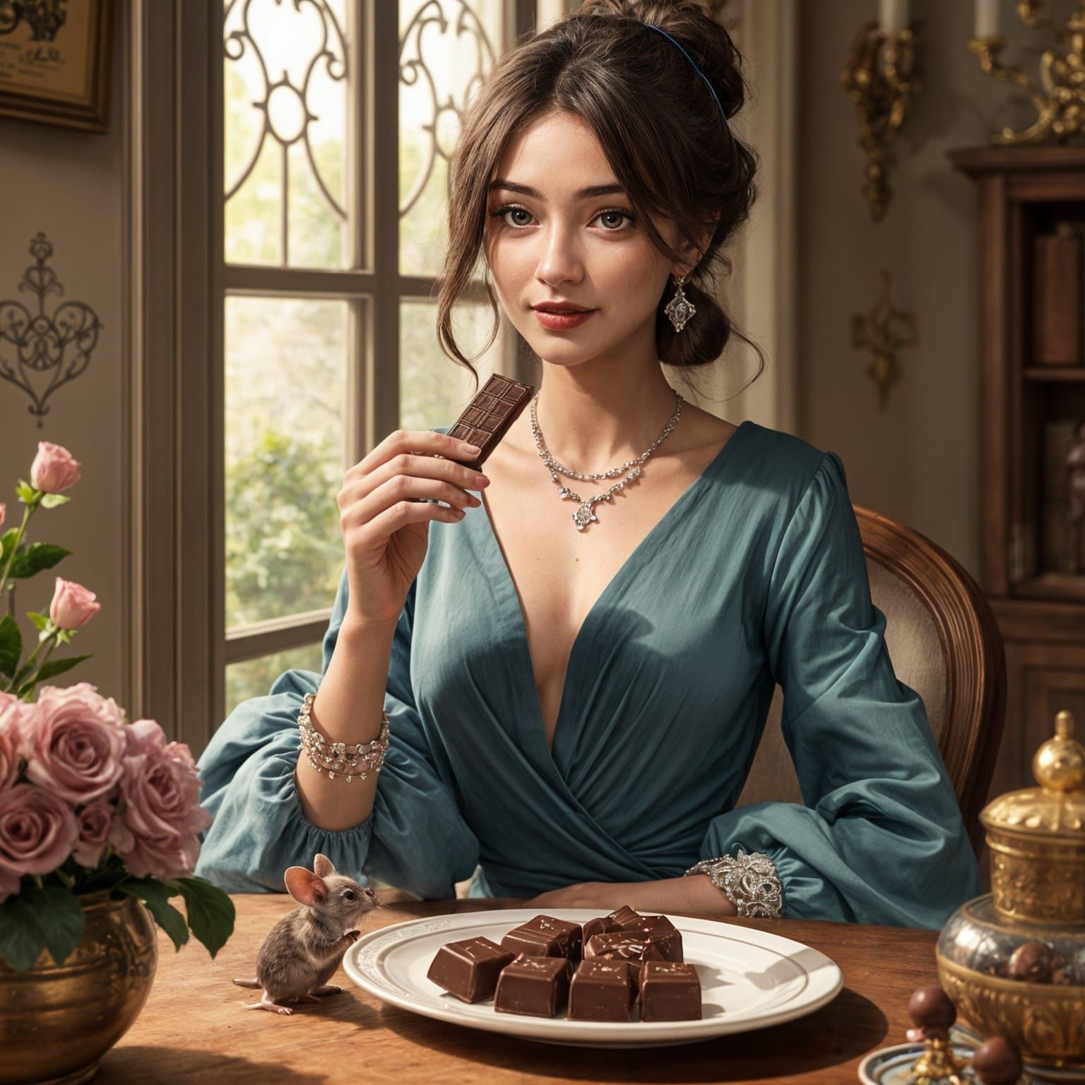 Hyperrealistic Woman Sharing Chocolate with Mouse