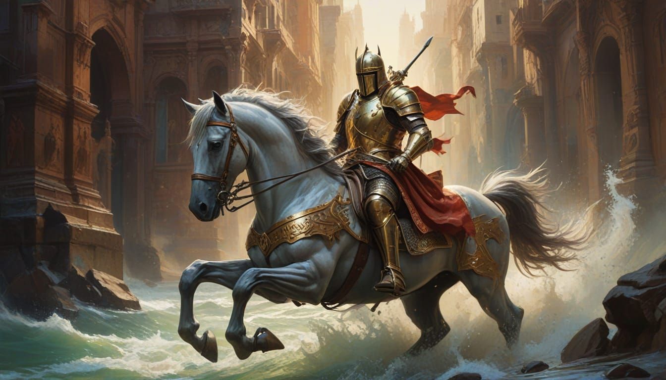 Gallant Knight in Golden Armor Charges Forward