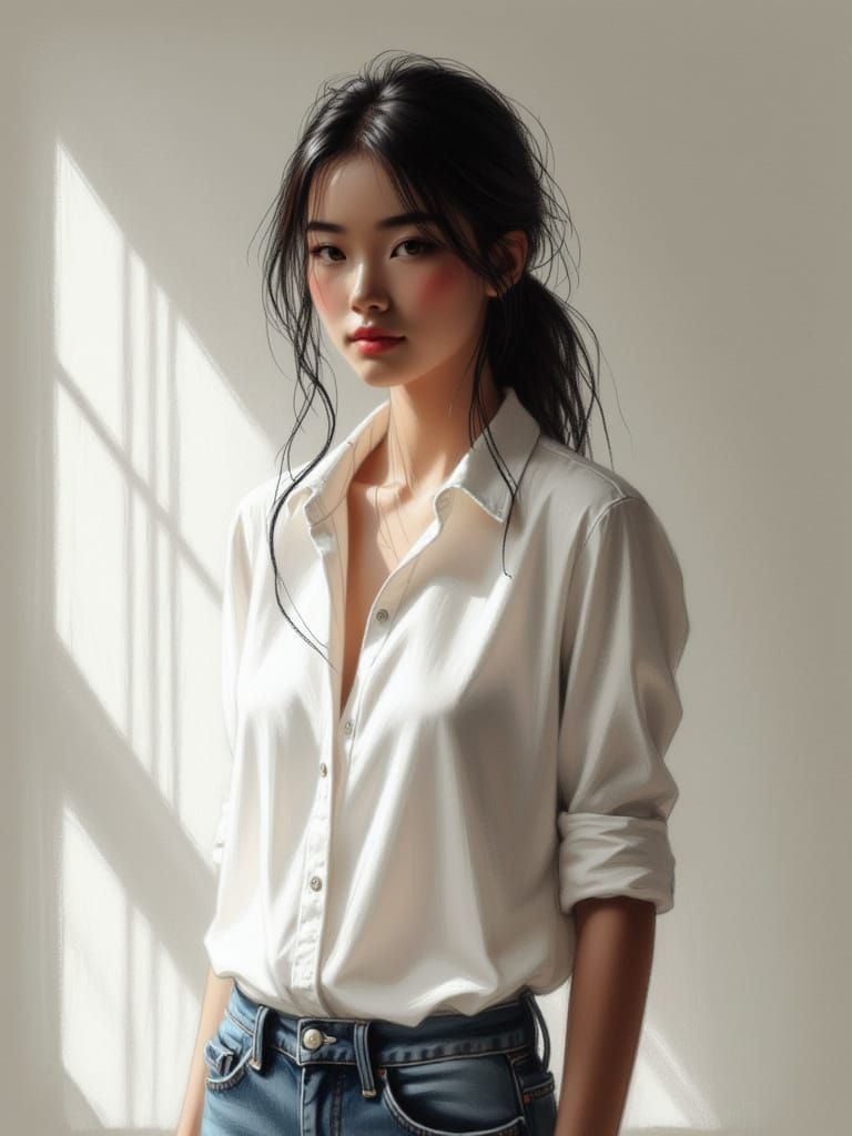 Realistic Portrait of a Woman in a Softly Lit Studio