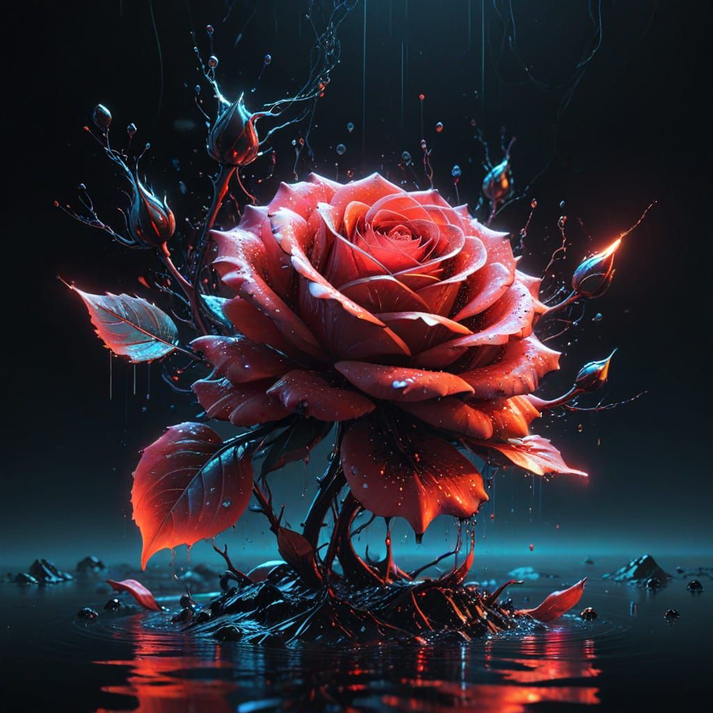 Surreal Digital Rose Blooms in Neon-Hued Water