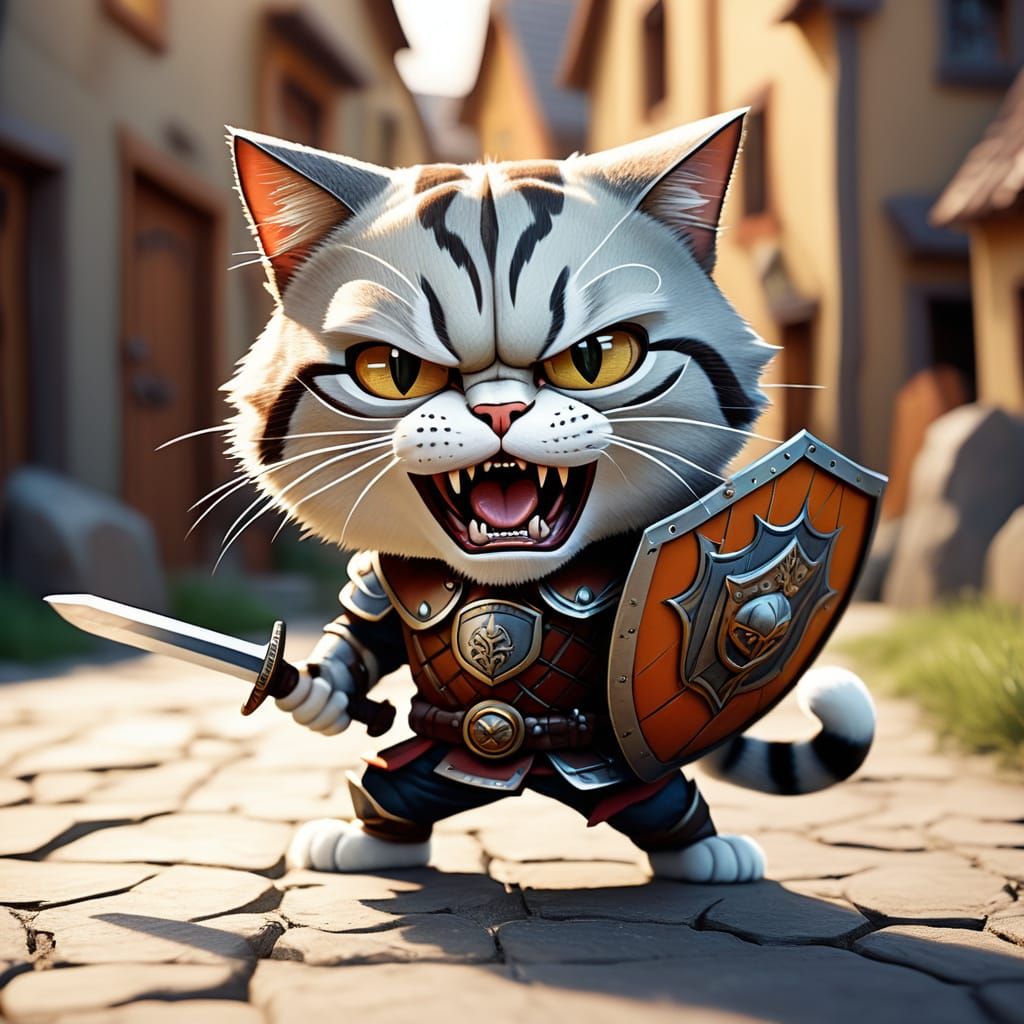 Cartoon Cat General Leading Army into Battle