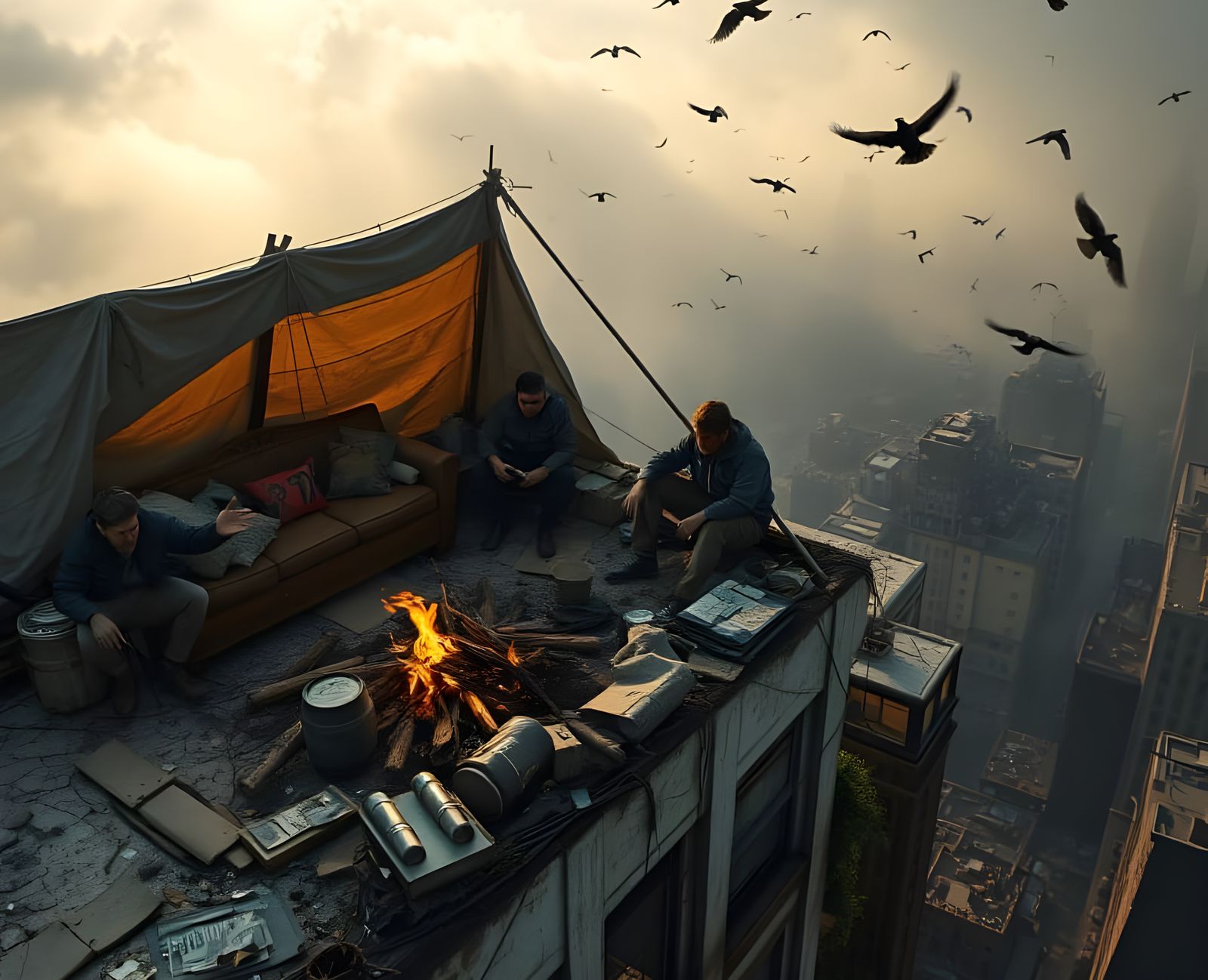 Rooftop Survival Camp in Post-Apocalyptic City
