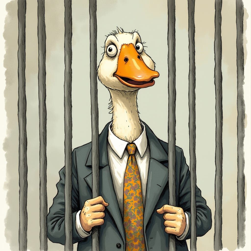 Goose in Suit Behind Bars, Whimsical Illustration