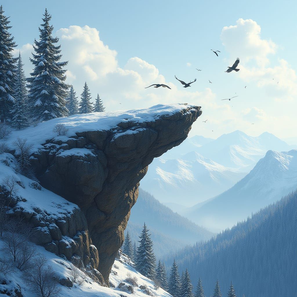 Snowy Mountain Outcrop in Atmospheric Realism