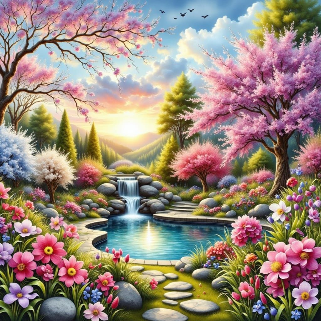 Enchanting Spring Garden with Pool