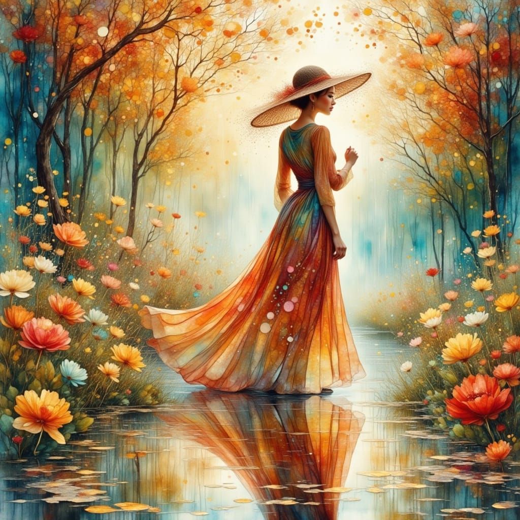 Woman in Summer Rain, Impressionistic Watercolor Art