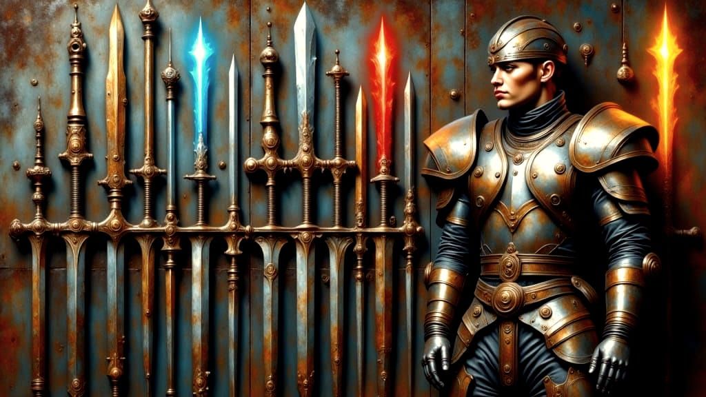 Ethereal Steampunk Swords on a Wall in Armor
