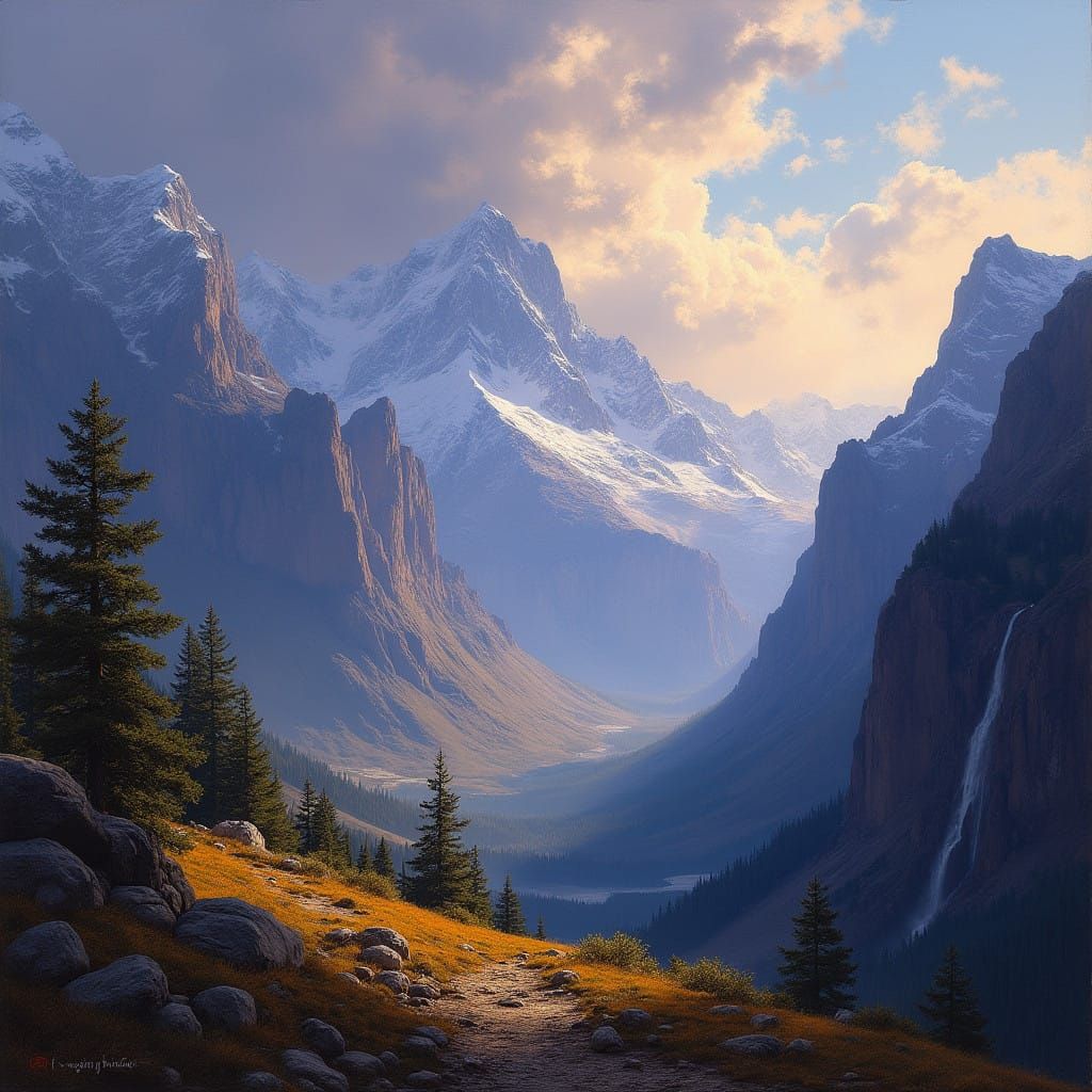 Epic Mountain Landscape in Vibrant Colors and Dynamic Brushs...