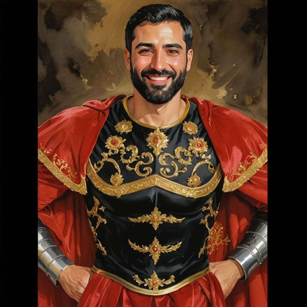 Smiling Syrian Man in Red Velvet Armor, Gouache Style