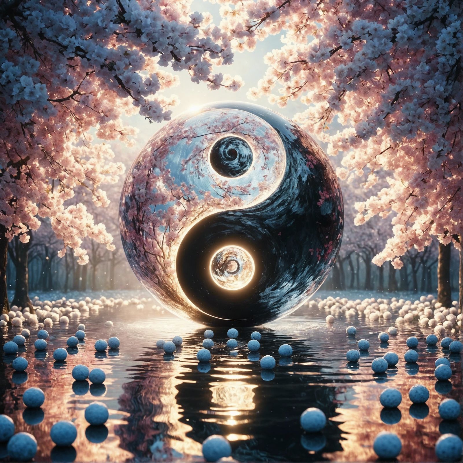 Yin-Yang Symbol in Cherry Blossom Pond
