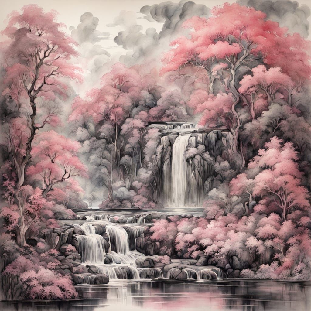 Ethereal Pink Waterfall in Atmospheric Landscape