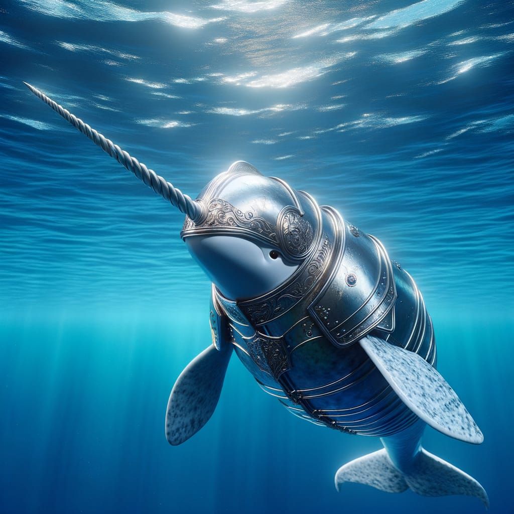 Surreal Narwhal in Cyberpunk Armor Under Tranquil Ocean