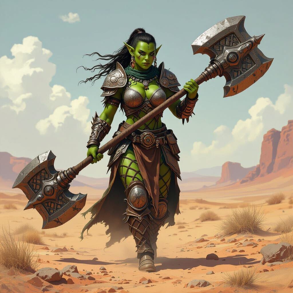 Beautiful Orc Warrior with Earthbreaker in Arid Landscape
