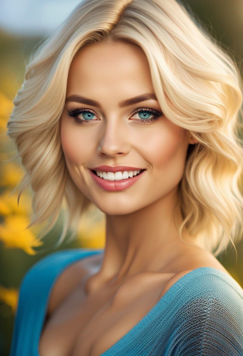 A portrait of an incredibly beautiful and happy blonde young woman