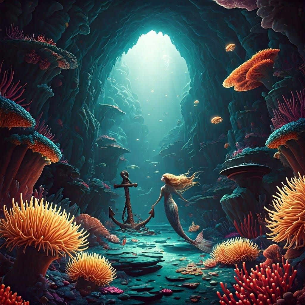 Mermaids Swim Amidst Treasures in Radiant Underwater Cave