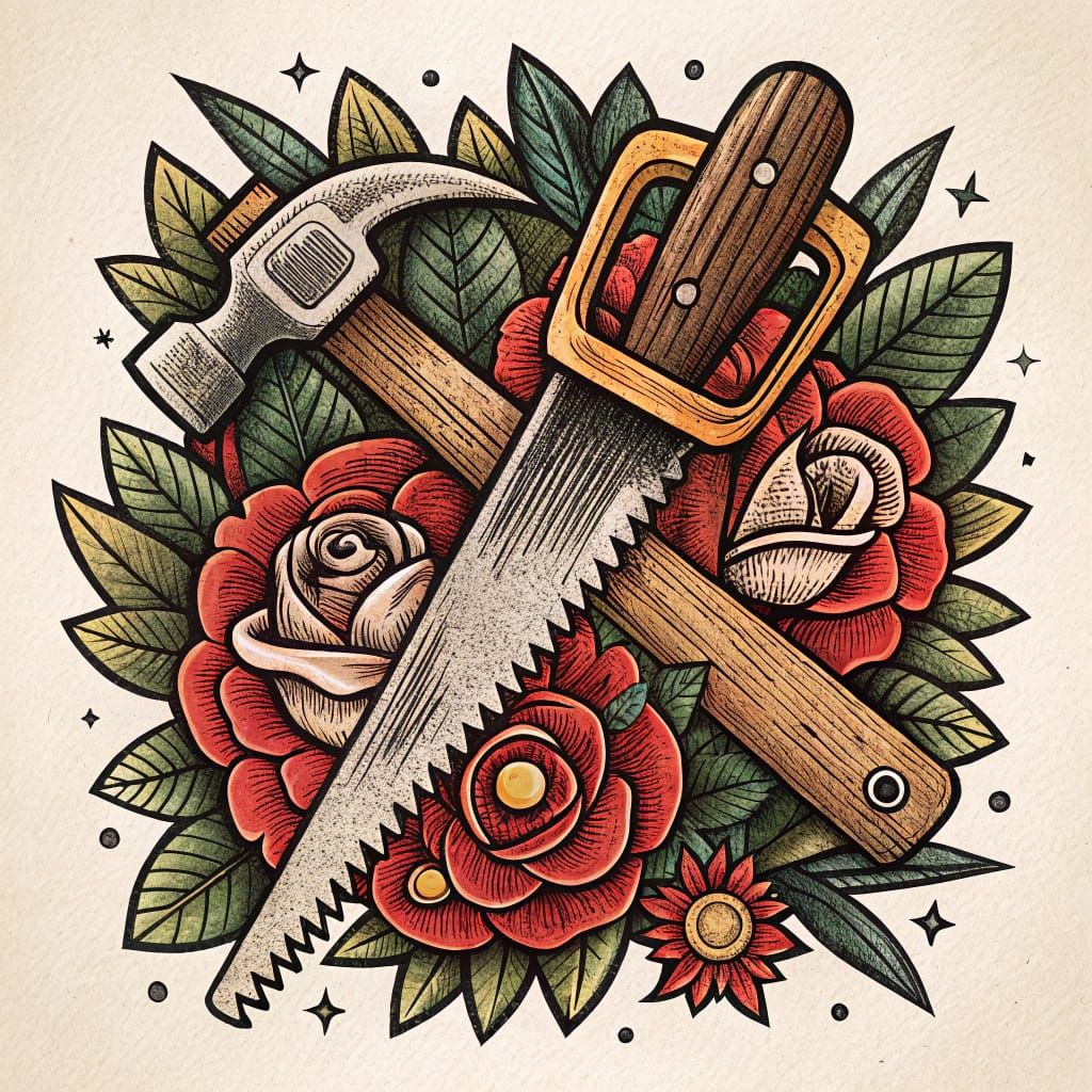 Gritty Woodcut in Ed Hardy Style Depicting Toolmaking