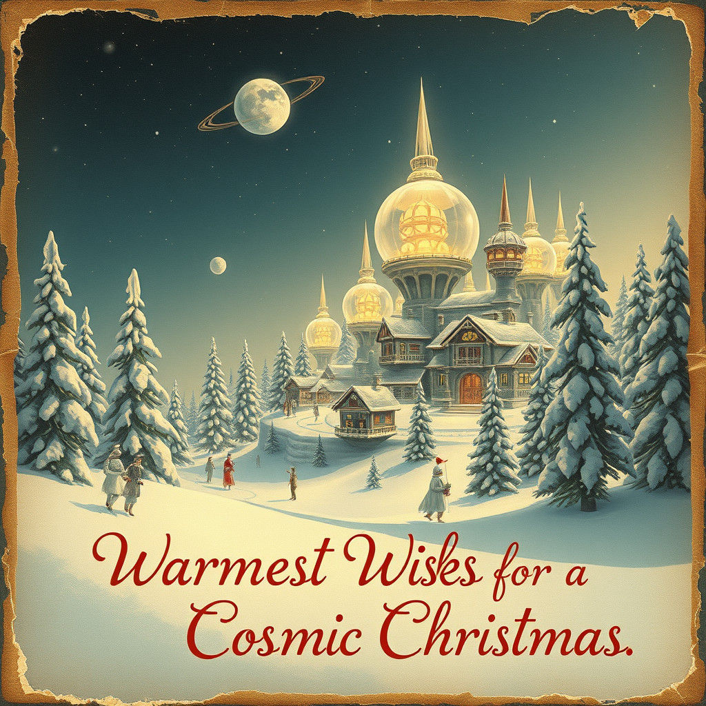 Vintage Christmas Card: Alien Village in Snow
