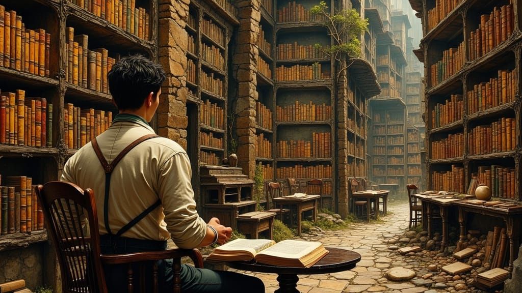 Men Absorbing Wisdom in a Mystical Bookroom
