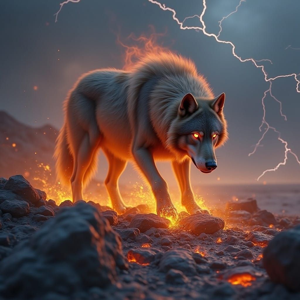 Fiery Dire Wolf Reigns Amidst Lava Storm