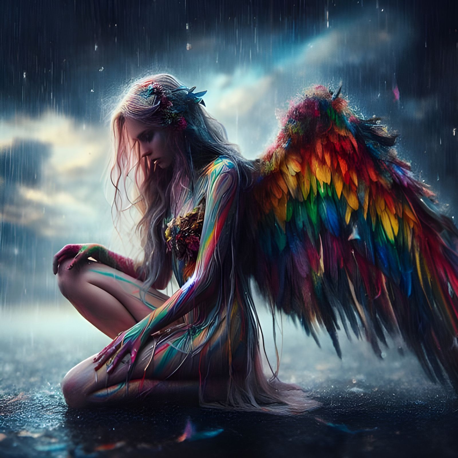 Rainbow Angel in Rain, Surrealist Photography
