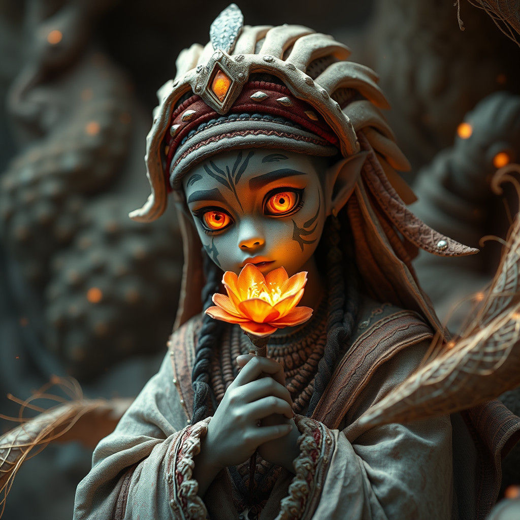 Mystical Being with Flower in Surreal 3D Realm