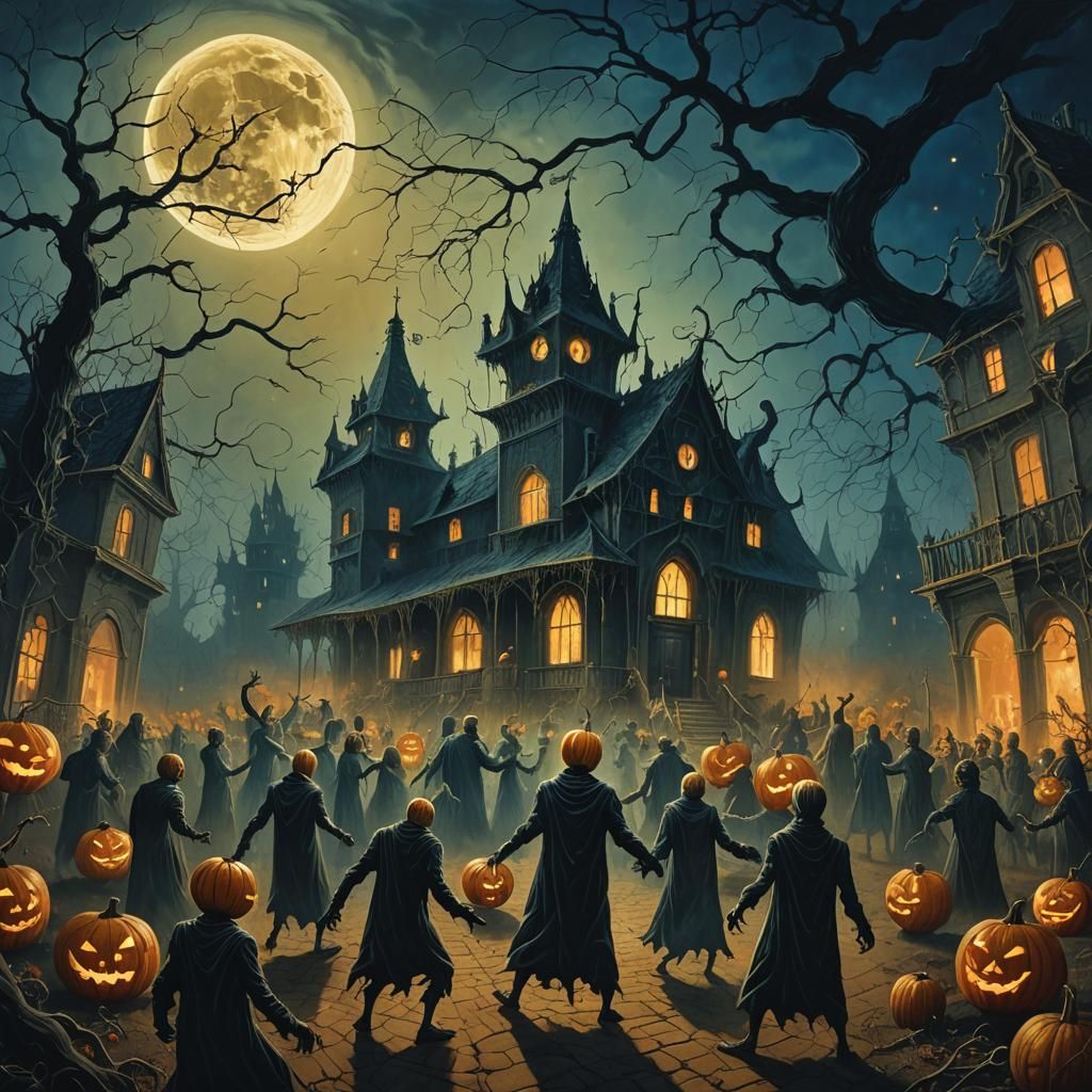 Monsters' Halloween Party in Beksiński Dark Fantasy Style