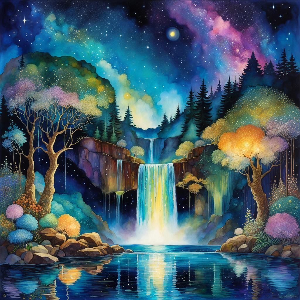 Cosmic Waterfall: Cel-Shaded Alcohol Ink Illustration