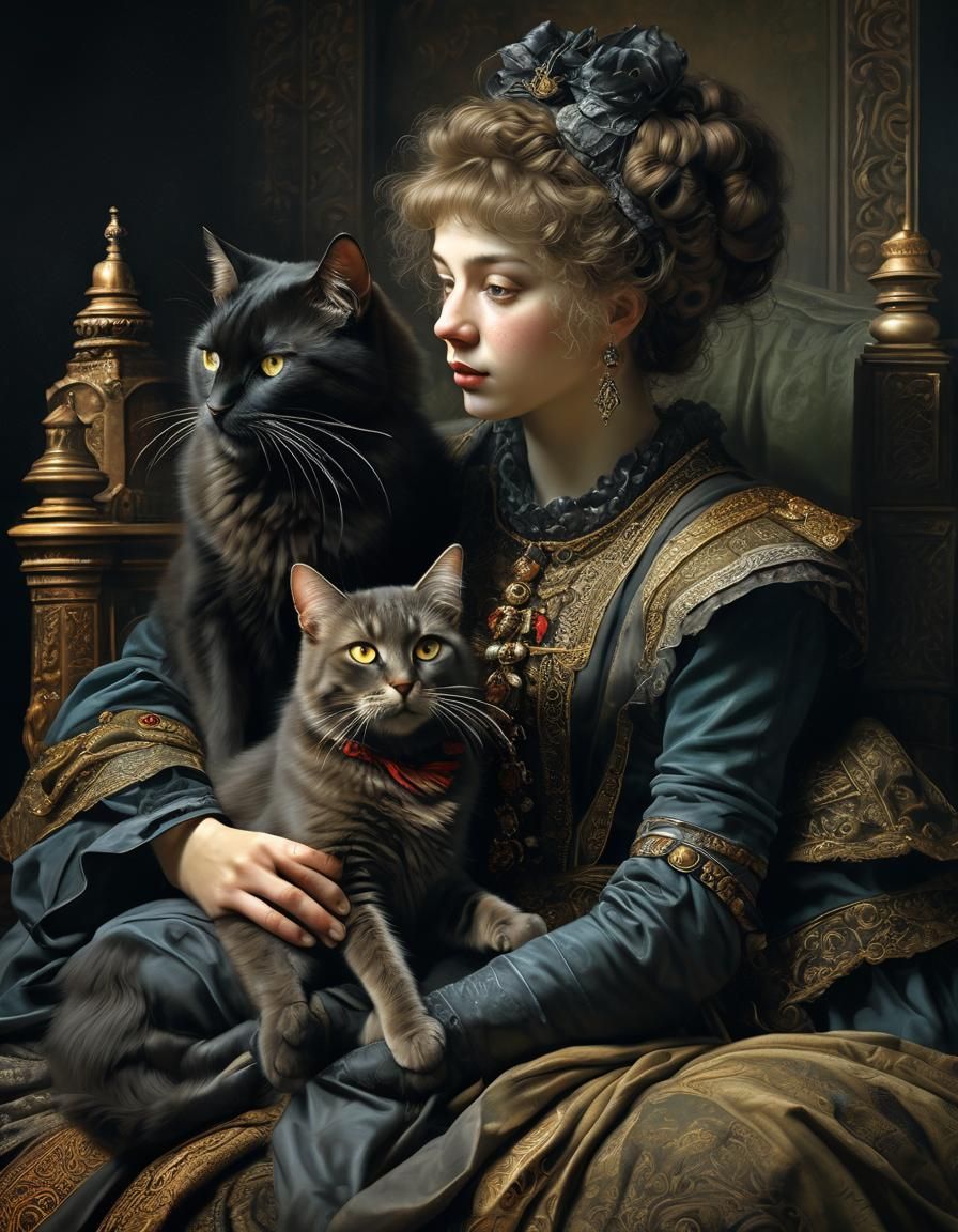 Cats Relaxing with Owner, in Rembrandt Style
