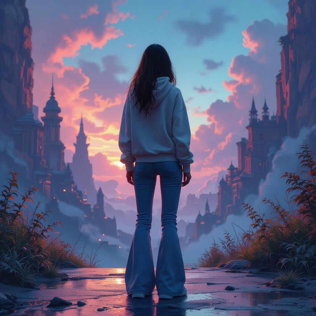 Girl in Flare Pants with Fantasy Backdrop
