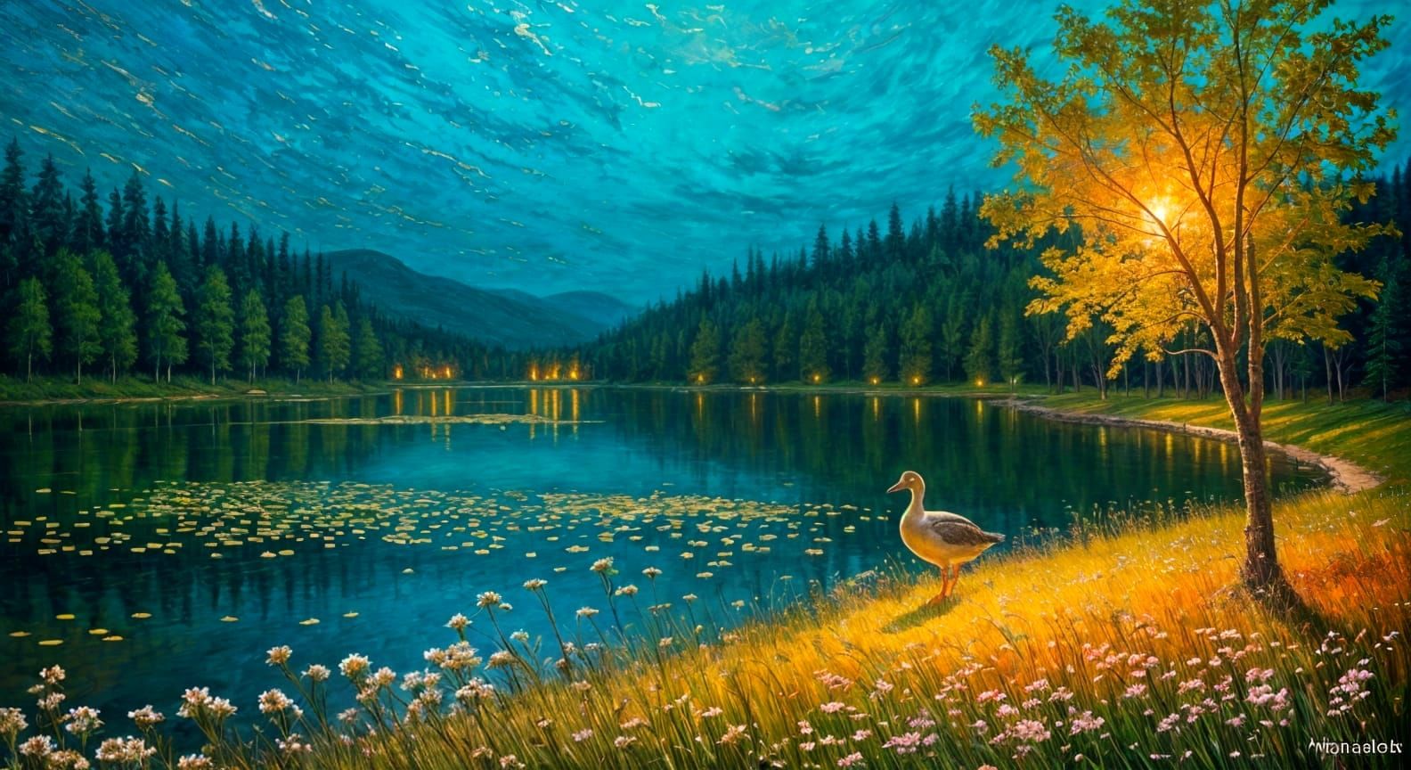Lake Duck Masterpiece in Neo-Impressionist Style