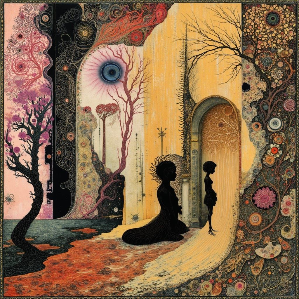 Psychedelic Elven Child with Monsters in Vintage Style