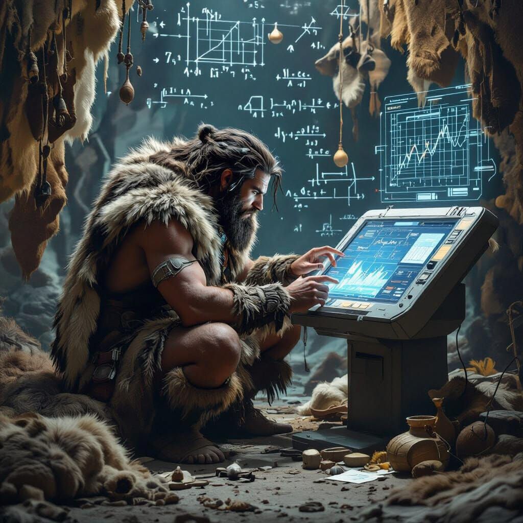 Stone Age Person Analyzing AI Data, Retrofuturism