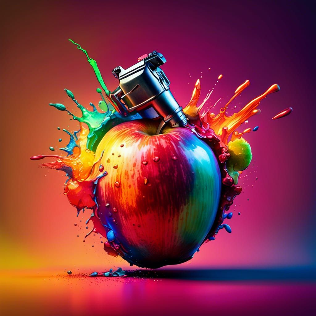 Exploding Apple Hand Grenade in Splash Art Style