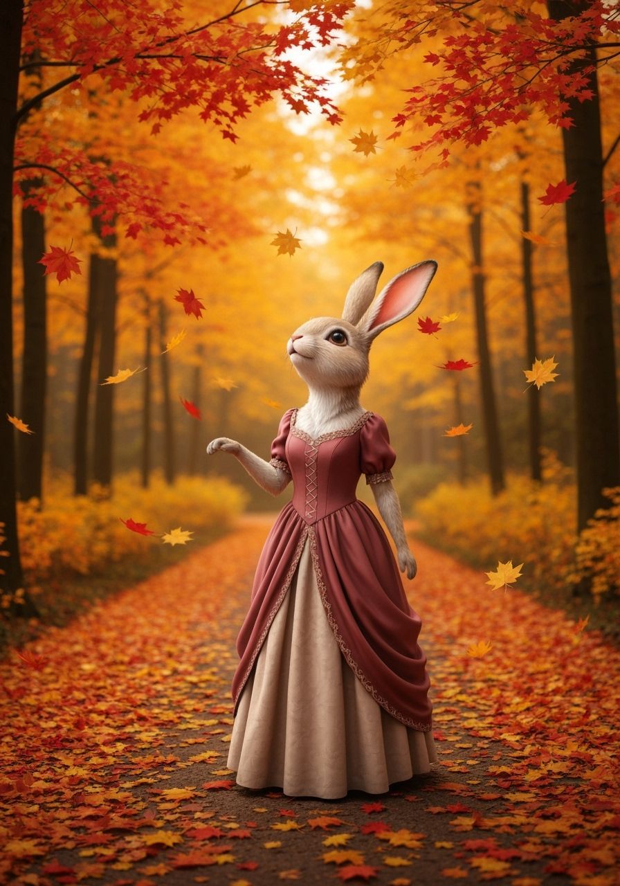 Anthropomorphic Rabbit Enjoys Autumn Forest Stroll