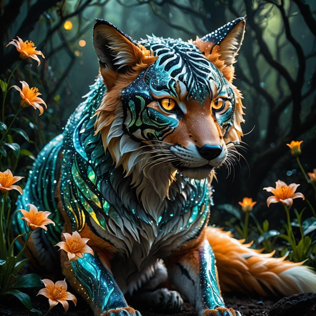 Glowing Fox-Tiger Hybrid in Luminescent Flames