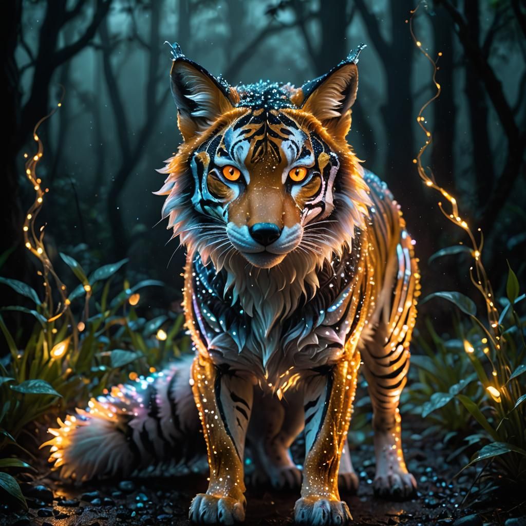 Glowing Bioluminescent Tiger-Fox Hybrid in Luminism Style
