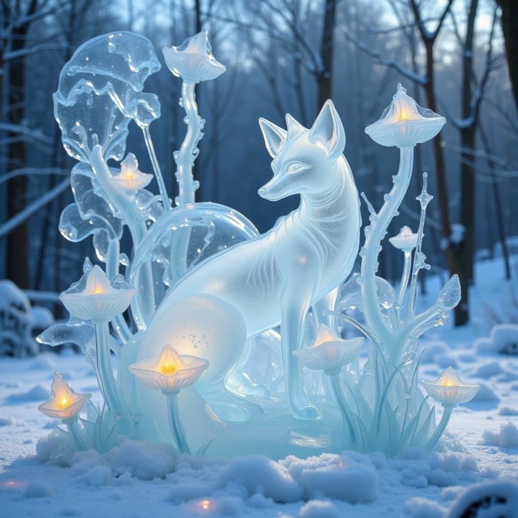 Icy Fox Sculpture in Mystical Winter Garden