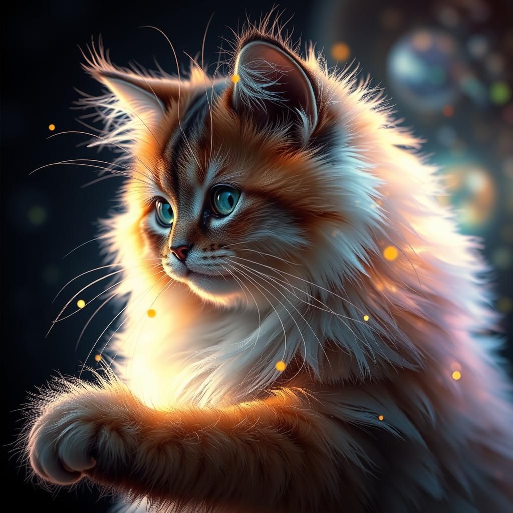 Fluffy Cat Made of Light in Hyperrealistic Style