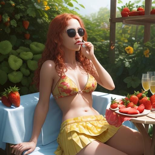 Hyperrealistic Woman Eating Strawberries in Garden