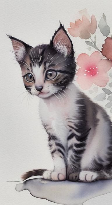 Watercolor Kitten Close-up with Floral Accents