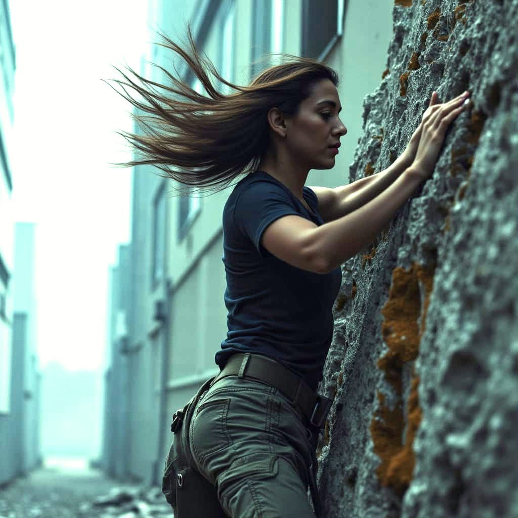 Woman Climbing Abandoned Building in Thunderstorm