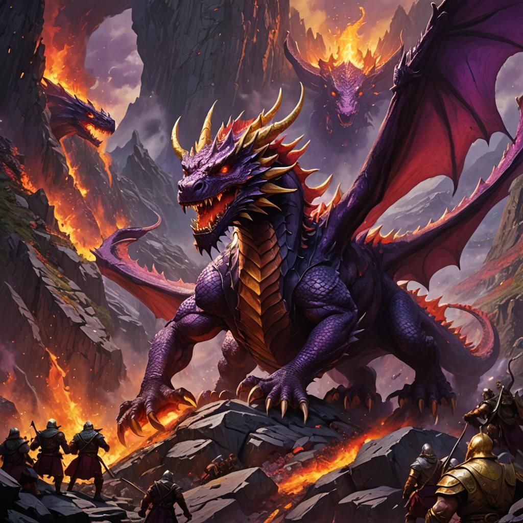 Red Dragon Guards Dwarves Fleeing Erupting Mountain