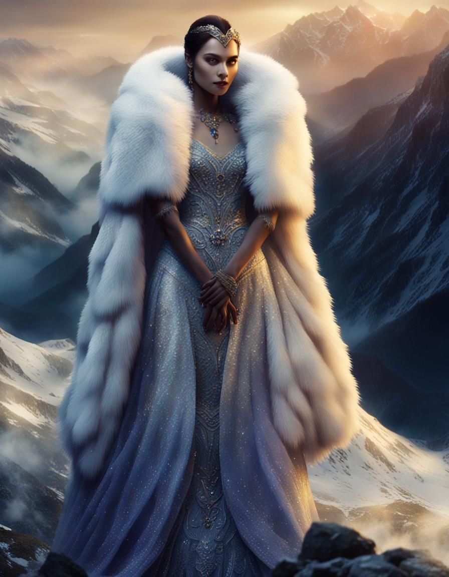 Woman in Fur Mask in Misty Mountains