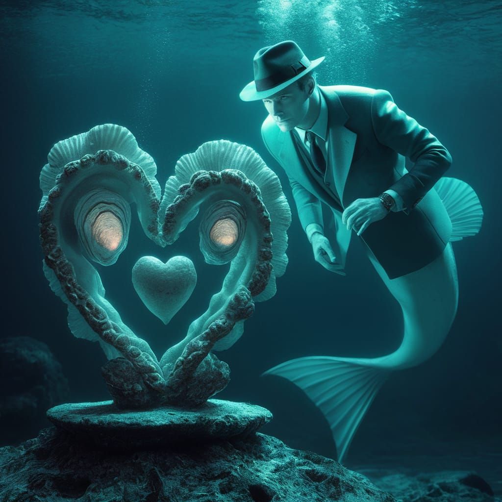 Merman Detective Investigates Underwater Statue