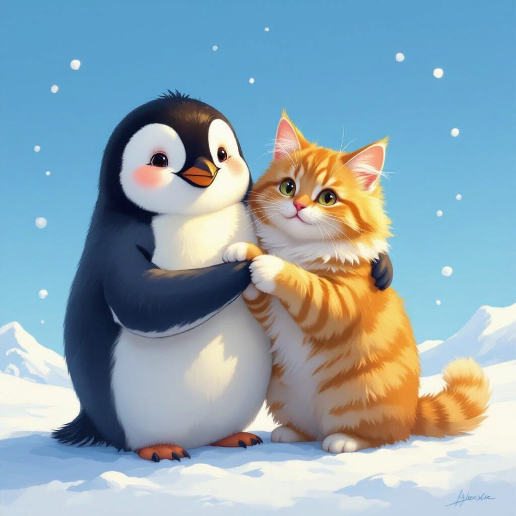 Penguin and Cat Friends in Snowy Landscape