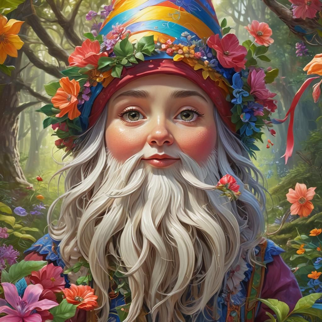 Colorful Female Gnome in Lush Forest, Oil Painting